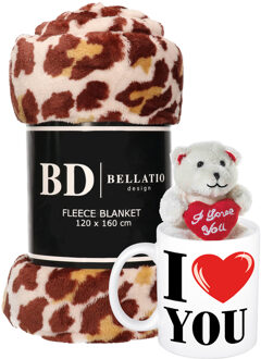 Bellatio Design Valentijn cadeau set - Fleece plaid/deken panter print met I love you mok en beertje