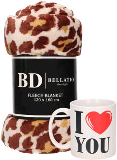 Bellatio Design Valentijn cadeau set - Fleece plaid/deken panter print met I love you mok