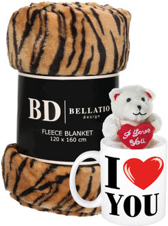 Bellatio Design Valentijn cadeau set - Fleece plaid/deken tijger print met I love you mok en beertje