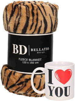 Bellatio Design Valentijn cadeau set - Fleece plaid/deken tijger print met I love you mok