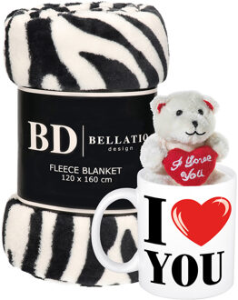 Bellatio Design Valentijn cadeau set - Fleece plaid/deken zebra print met I love you mok en beertje