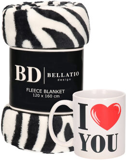 Bellatio Design Valentijn cadeau set - Fleece plaid/deken zebra print met I love you mok