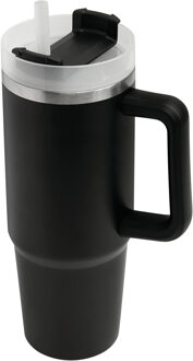 Bellatio Design Warmhoudbeker/thermosbeker DELUXE - tumbler - grote koffiebeker - RVS - zwart - 900 ml
