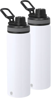 Bellatio Design Waterfles/drinkfles sport bidon Fitmaster - 2x - wit - 800 ml - aluminium - schroefdop