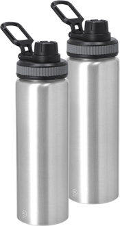 Bellatio Design Waterfles/drinkfles sport bidon Fitmaster - 2x - zilver - 800 ml - aluminium - schroefdop