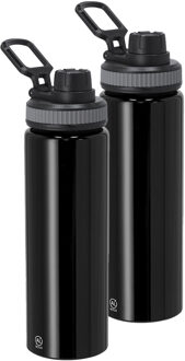 Bellatio Design Waterfles/drinkfles sport bidon Fitmaster - 2x - zwart - 800 ml - aluminium - schroefdop