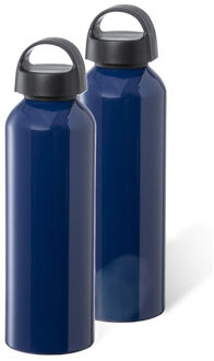 Bellatio Design Waterfles/drinkfles/sportfles - 2x - glans donkerblauw - aluminium - 800 ml - schroefdop - Drinkflessen