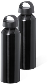 Bellatio Design Waterfles/drinkfles/sportfles - 2x - metallic zwart - aluminium - 800 ml - schroefdop - Drinkflessen