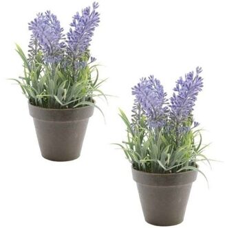 Bellatio Flowers & Plants 2x Groene Lavandula lavendel kunstplanten 17 cm met zwarte pot - Kunstplanten Paars