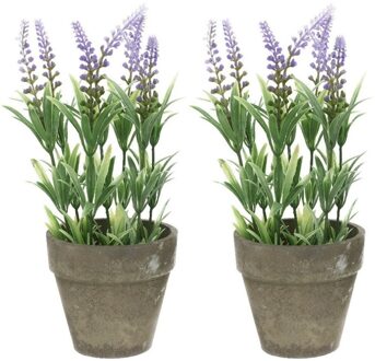 Bellatio Flowers & Plants 2x Groene/lilapaarse Lavandula/lavendel kunstplanten 25 cm in po - Kunstplanten