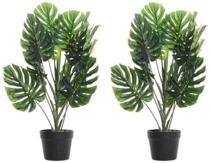 Bellatio Flowers & Plants 2x Groene Monstera gatenplant kunstplanten 70 cm met zwarte pot - Kunstplanten