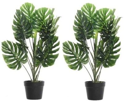 Bellatio Flowers & Plants 2x Groene Monstera gatenplant kunstplanten 70 cm met zwarte pot - Kunstplanten