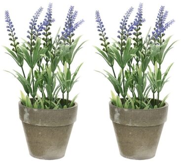 Bellatio Flowers & Plants 2x Groene/paarse Lavandula/lavendel kunstplant 25 cm in betonpot - Kunstplanten