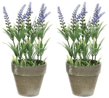 Bellatio Flowers & Plants 2x Groene/paarse Lavandula/lavendel kunstplant 25 cm in betonpot