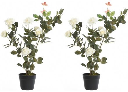 Bellatio Flowers & Plants 2x Groene/witte Rosa/rozenstruik kunstplanten 80 cm in pot