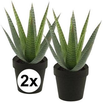 Bellatio Flowers & Plants 2x Kunstplant aloe vera groen in zwarte pot 23 cm