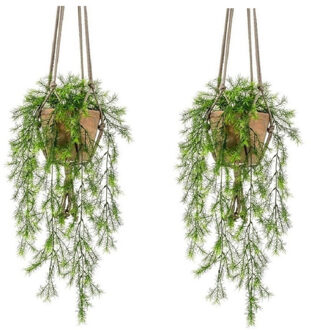 Bellatio Flowers & Plants 2x Kunstplant hangplant varens in terracotta potten van 16 cm - Kunstplanten Groen