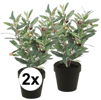 Bellatio Flowers & Plants 2x Kunstplant olijfboompje groen in zwarte pot 35 cm - Kunstplanten