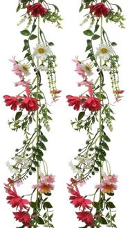 Bellatio Flowers & Plants 2x Roze/witte kunsttak kunstplanten slingers 180 cm