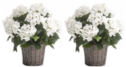 Bellatio Flowers & Plants 2x Witte Hortensia kunstplant in mand 45 cm