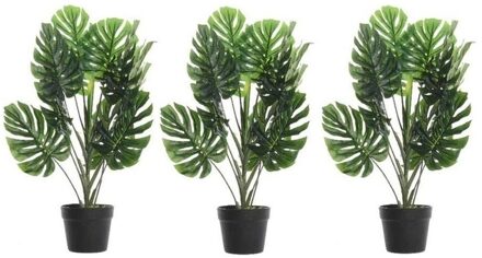 Bellatio Flowers & Plants 3x Groene Monstera/gatenplant kunstplant 80 cm in zwarte plastic pot - Kamerplant kunstplanten/nepplanten