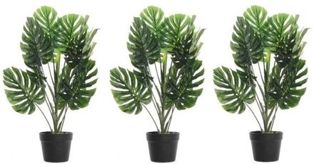 Bellatio Flowers & Plants 3x Groene Monstera/gatenplanten kunstplanten 80 cm in zwarte plastic pot - Kamerplant kunstplanten/nepplanten