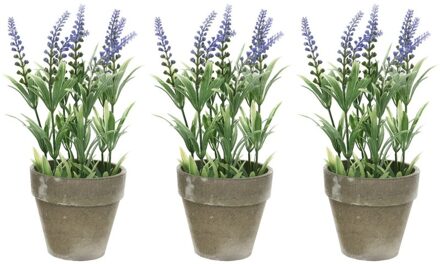 Bellatio Flowers & Plants 3x Groene/paarse Lavandula/lavendel kunstplanten 25 cm in grijze betonlook pot - Kunstplanten/nepplanten