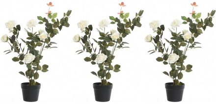 Bellatio Flowers & Plants 3x Groene/witte Rosa/rozenstruik kunstplanten 80 cm in pot