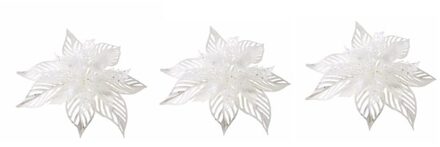 Bellatio Flowers & Plants 3x Kerstboomversiering bloem op clip witte kerstster 23 cm - kerstfiguren - witte kerstversieringen