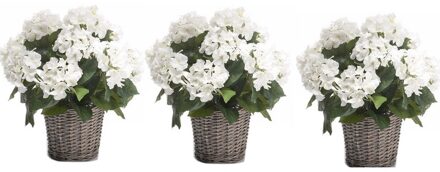 Bellatio Flowers & Plants 3x Kunstplanten Hortensia wit in rieten mand 45 cm - Kunstplanten/nepplanten