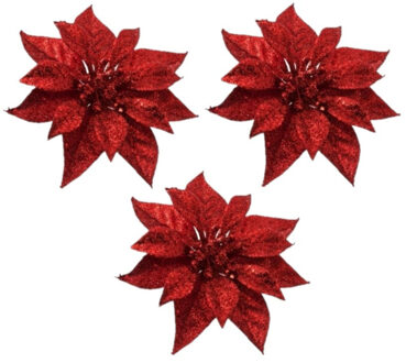 Bellatio Flowers & Plants 4x Kerstboomversiering bloem op clip rode kerstster 18 cm