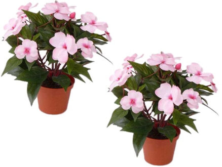 Bellatio Flowers & Plants 4x stuks kunstplant met bloemen - Vlijtig Liesje - lichtroze - heester - 25 cm