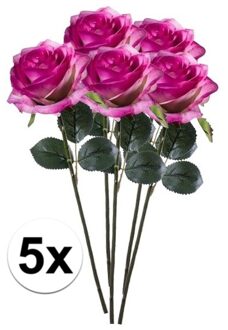 Bellatio Flowers & Plants 5x Paars/roze rozen Simone kunstbloemen 45 cm - Kunstbloemen