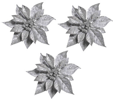 Bellatio Flowers & Plants 6x stuks Kerstversieringen kerststerren bloemen zilver op clip - Kersthangers Zilverkleurig