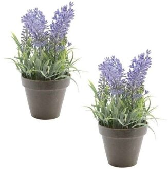 Bellatio Flowers & Plants Bellatio Kunstplant - 2x stuks - lavendel - paars - 17 cm - in pot - lavandula