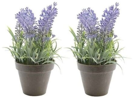 Bellatio Flowers & Plants Bellatio Kunstplant - 2x stuks - lavendel - paars - 17 cm - in pot - lavandula