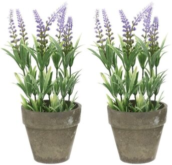 Bellatio Flowers & Plants Bellatio Lavendel kunstplant - 2x - lila - 25 cm - in betonlook potje - Kunstplanten - nepplanten