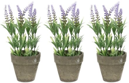 Bellatio Flowers & Plants Bellatio Lavendel kunstplant - 3x - lila - 25 cm - in betonlook potje - Kunstplanten - nepplanten
