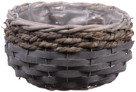 Bellatio Flowers & Plants Bloempot/plantenbak handgemaakt riet/rotan mand grijs 26 x 15 cm