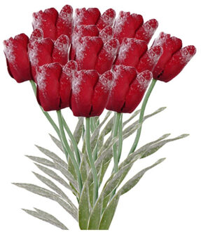 Bellatio Flowers & Plants Bosje rode kunst tulpen / kunstbloemen met dauwdruppels 65 cm - 12 stuks - Luxe namaak bloemen boeket