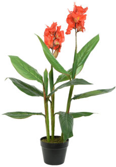 Bellatio Flowers & Plants Canna Bloemriet nepplanten/planten 89 cm met zwarte pot - Kunstplanten Oranje