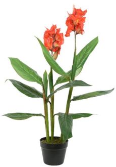 Bellatio Flowers & Plants Canna Bloemriet nepplanten/planten 89 cm met zwarte pot - Kunstplanten Oranje