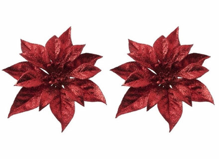 Bellatio Flowers & Plants Cosy & Trendy Kerstboomversiering - 10x stuks - bloem - op clip - rode kerstster - 18 cm