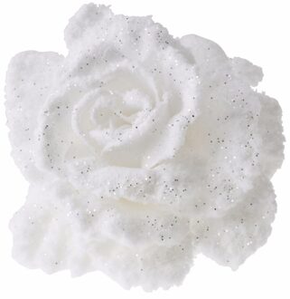 Bellatio Flowers & Plants Decoratie bloem roos wit 10 cm - Kunstbloemen witte glitter rozen op clip