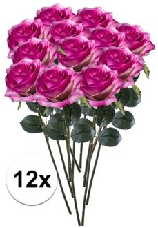 Bellatio Flowers & Plants Emerald Kunstbloemen roos - 12x - rozen - Simone - fuchsia - 45 cm - decoratie bloemen