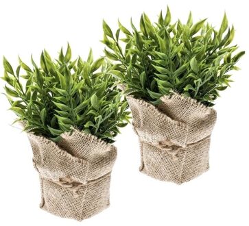 Bellatio Flowers & Plants Emerald Kunstplant - 2x - Muizendoorn Kruidenplant - Groen - In Jute Pot - 20 cm