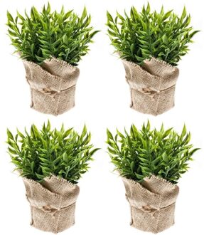 Bellatio Flowers & Plants Emerald Kunstplant - 4x - Muizendoorn Kruidenplant - Groen - In Jute Pot - 20 cm