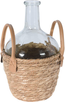 Bellatio Flowers & Plants Flesvaas - glas - transparant - met gevlochten rieten mand - 20 x 31 cm