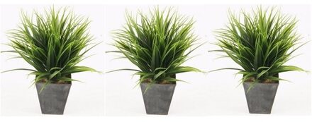 Bellatio Flowers & Plants Grasplant in zwarte zinken pot - 3x - 30 cm - Kamerplant kunstplanten/nepplanten