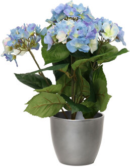 Bellatio Flowers & Plants Hortensia kunstplant met bloemen blauw - in pot metallic zilver - 40 cm hoog - Kunstplanten Zilverkleurig